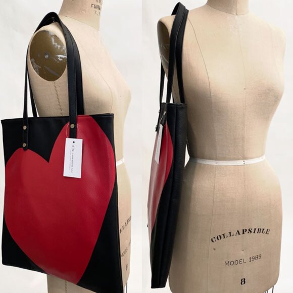 Faux Leather Big Red Heart Tote Black 14 x 16 - Picture 6 of 11